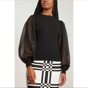 Ulla Johnson Sabrina Black Ribbed Knit Sweater Sheer Puff Sleeves Size Small